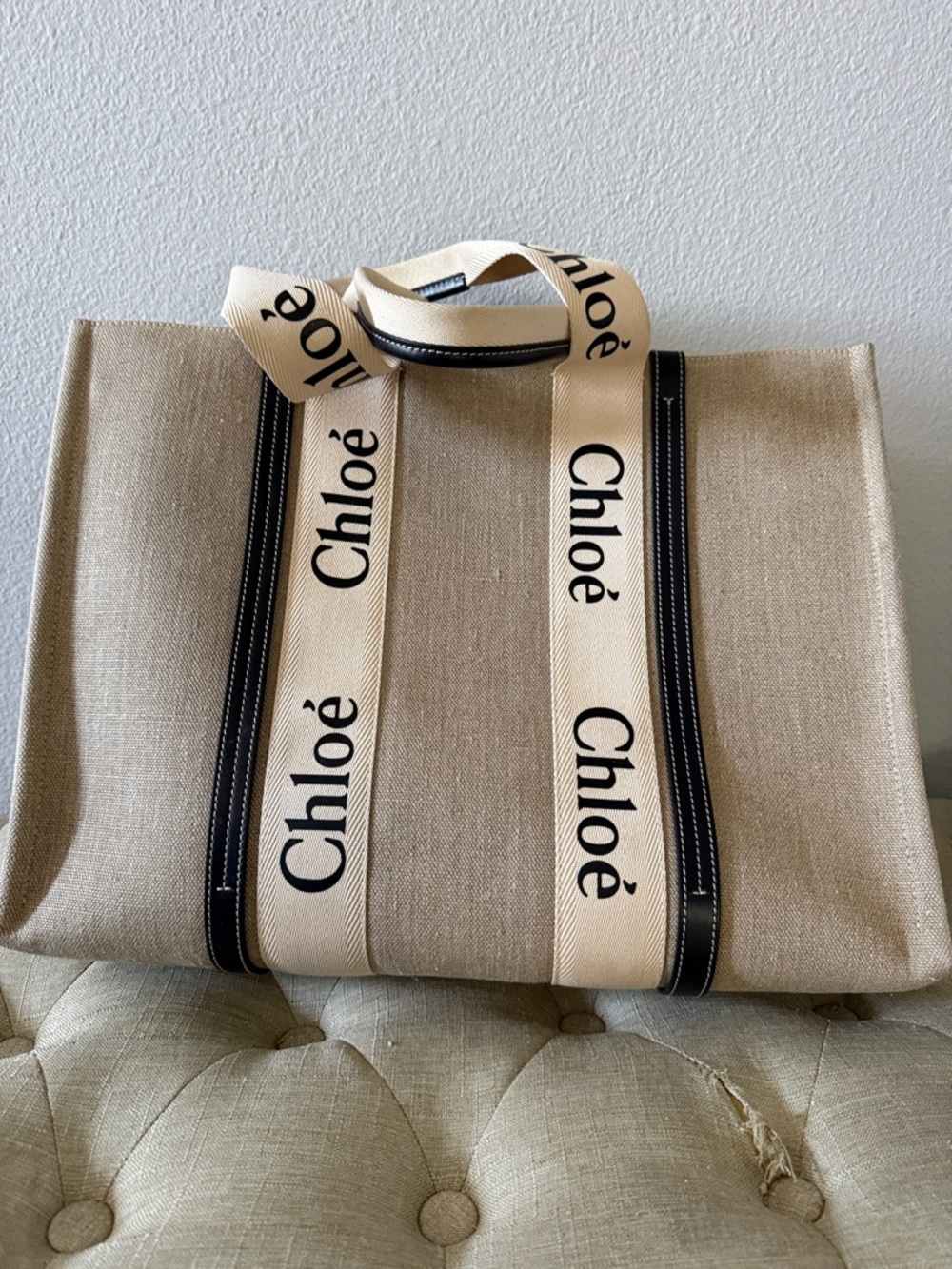 Authentic Chloe Beige Canvas Tote Bag with Logo Straps.-large size